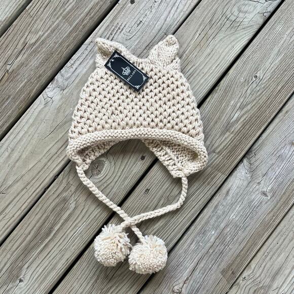 Bellady Women's Beige Cat Ears Knit Hat Crocheted Braided Pom Pom Accents. NEW - Picture 1 of 9